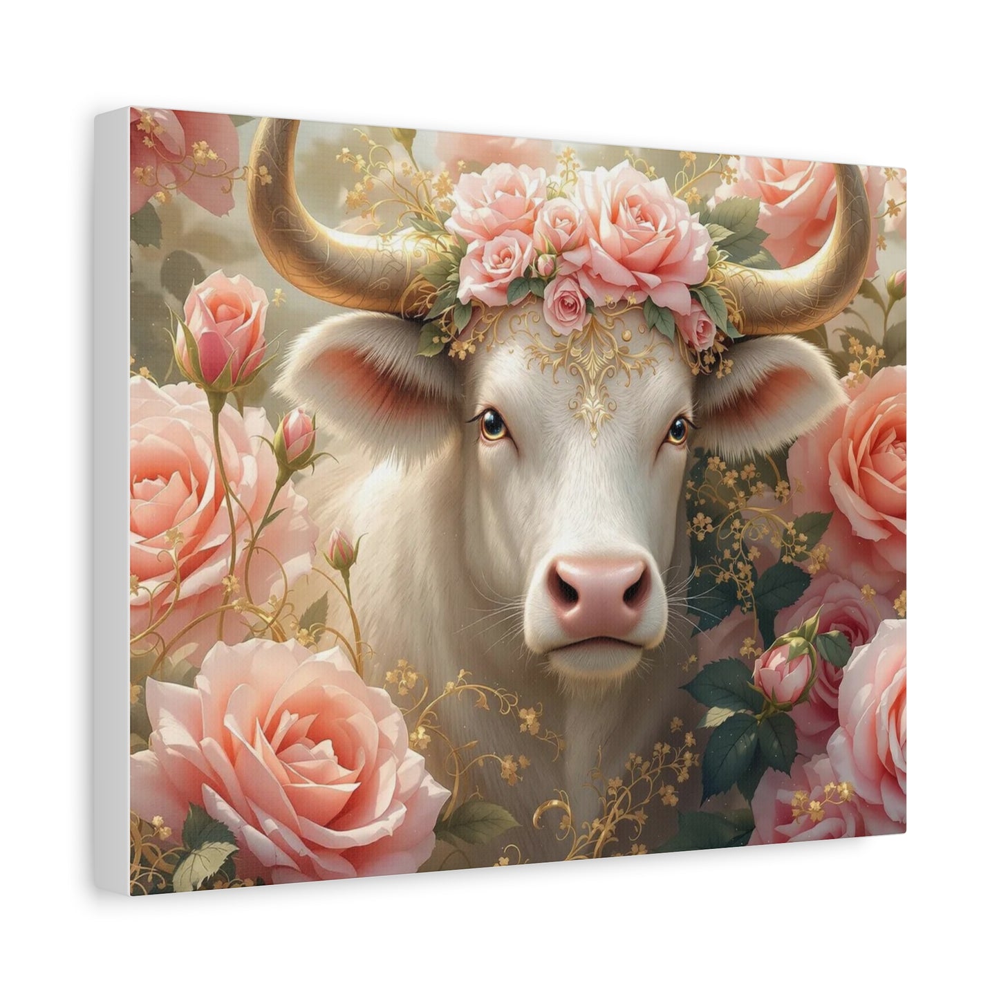 Canvas Print - Pink Rose Cow Picture