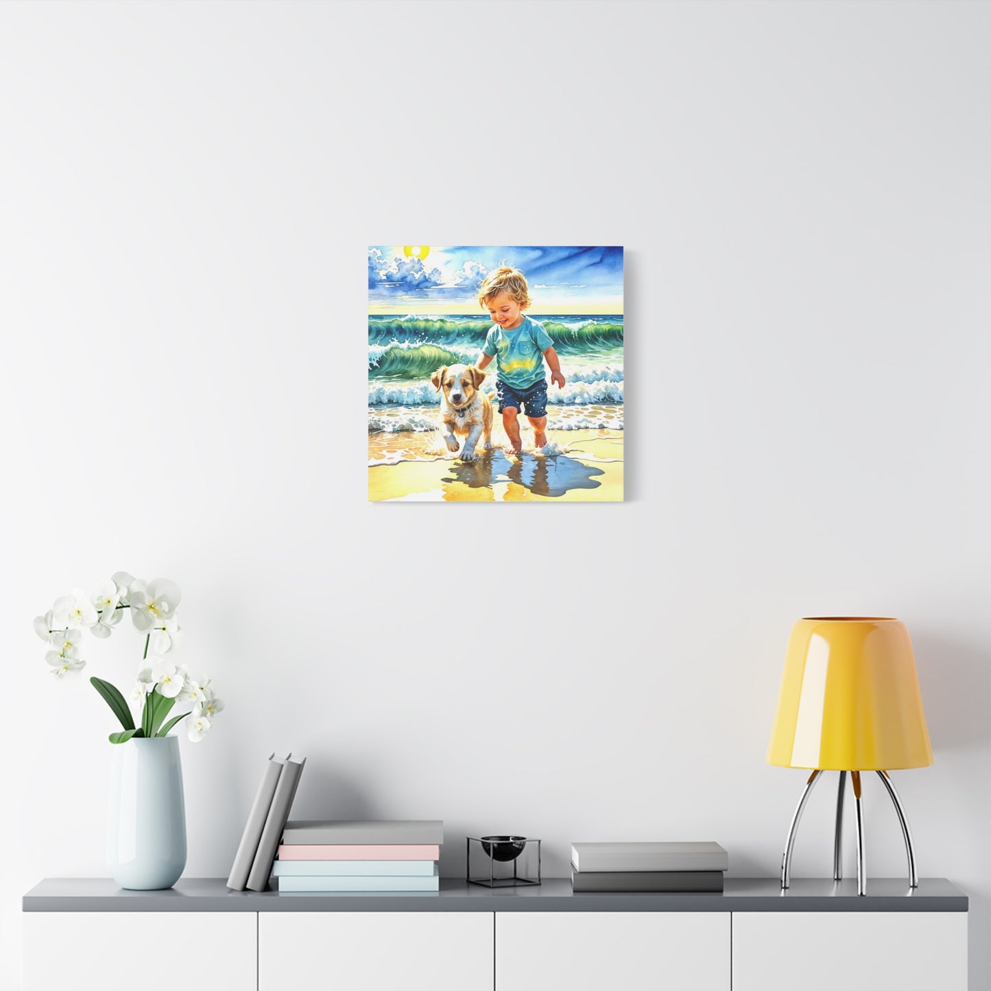 Little Boy at the Beach w his Dog Canvas Art - Children's Room Art
