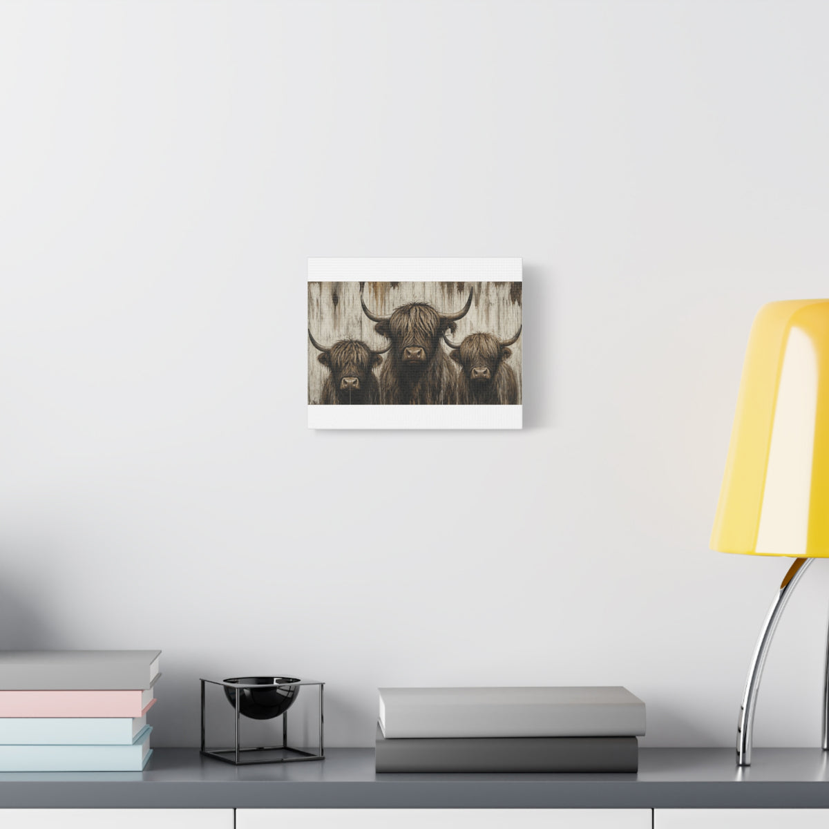 Highland Cow Trio Matte Stretched Canvas Wall Art — Rustic Farmhouse Animal Print