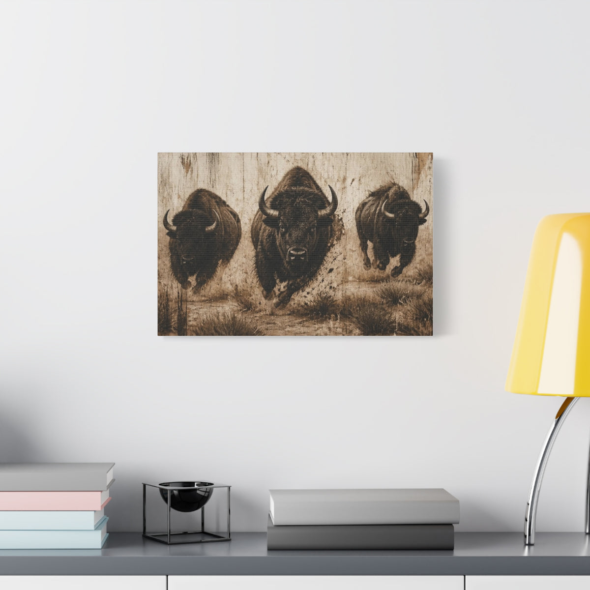 Running Bison Canvas Wall Art – Rustic Sepia Buffalo Trio Stretched Matte
