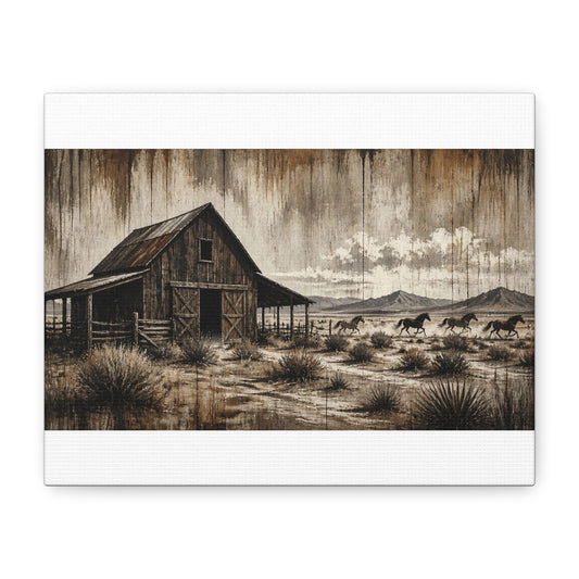 Rustic Western Barn Canvas Wall Art — Vintage Desert Horses Matte Stretched Canvas