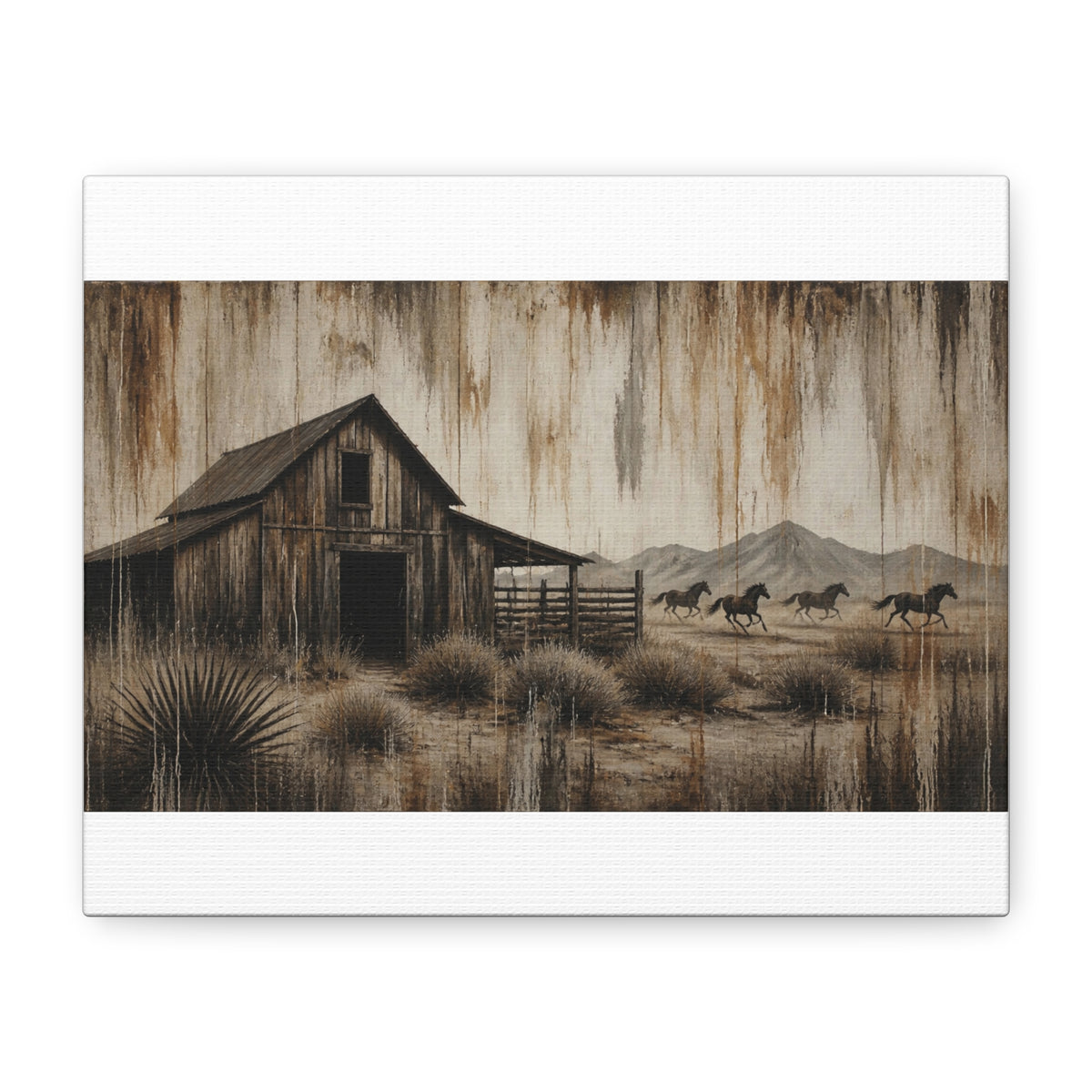 Rustic Western Barn Canvas Wall Art — Vintage Desert Horses Matte Stretched Canvas