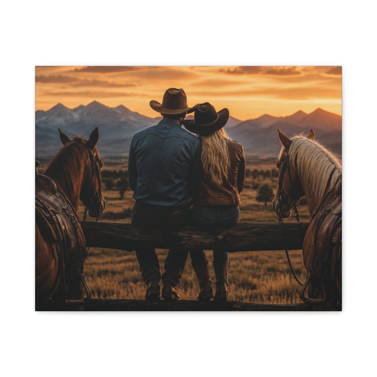 Western Cowboy Couple Sunset Canvas