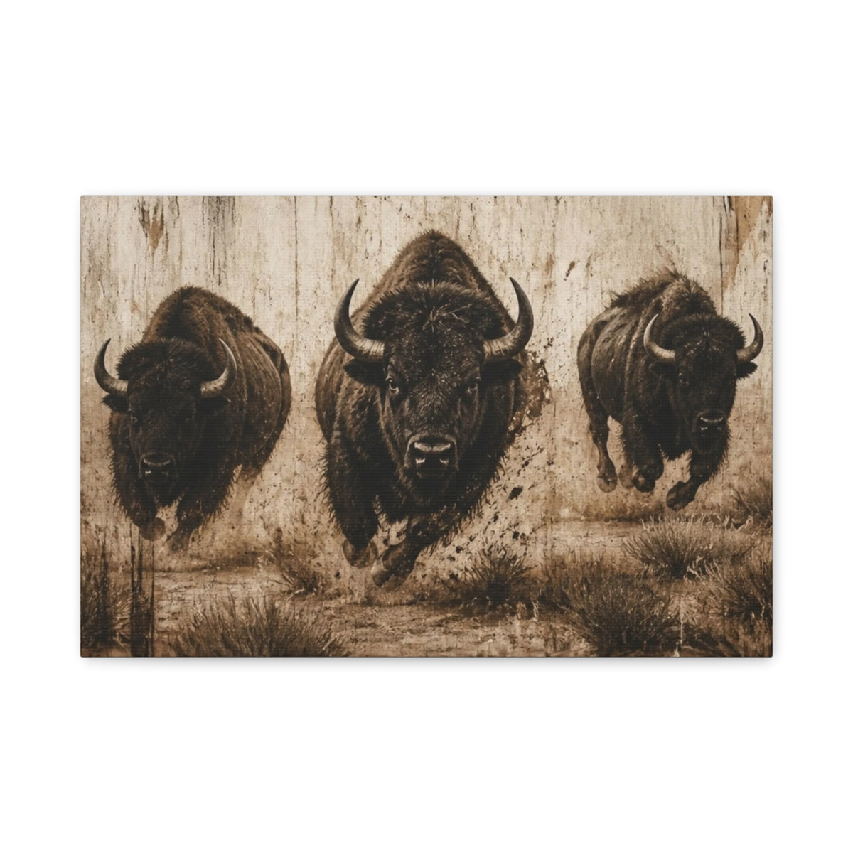 Running Bison Canvas Wall Art – Rustic Sepia Buffalo Trio Stretched Matte