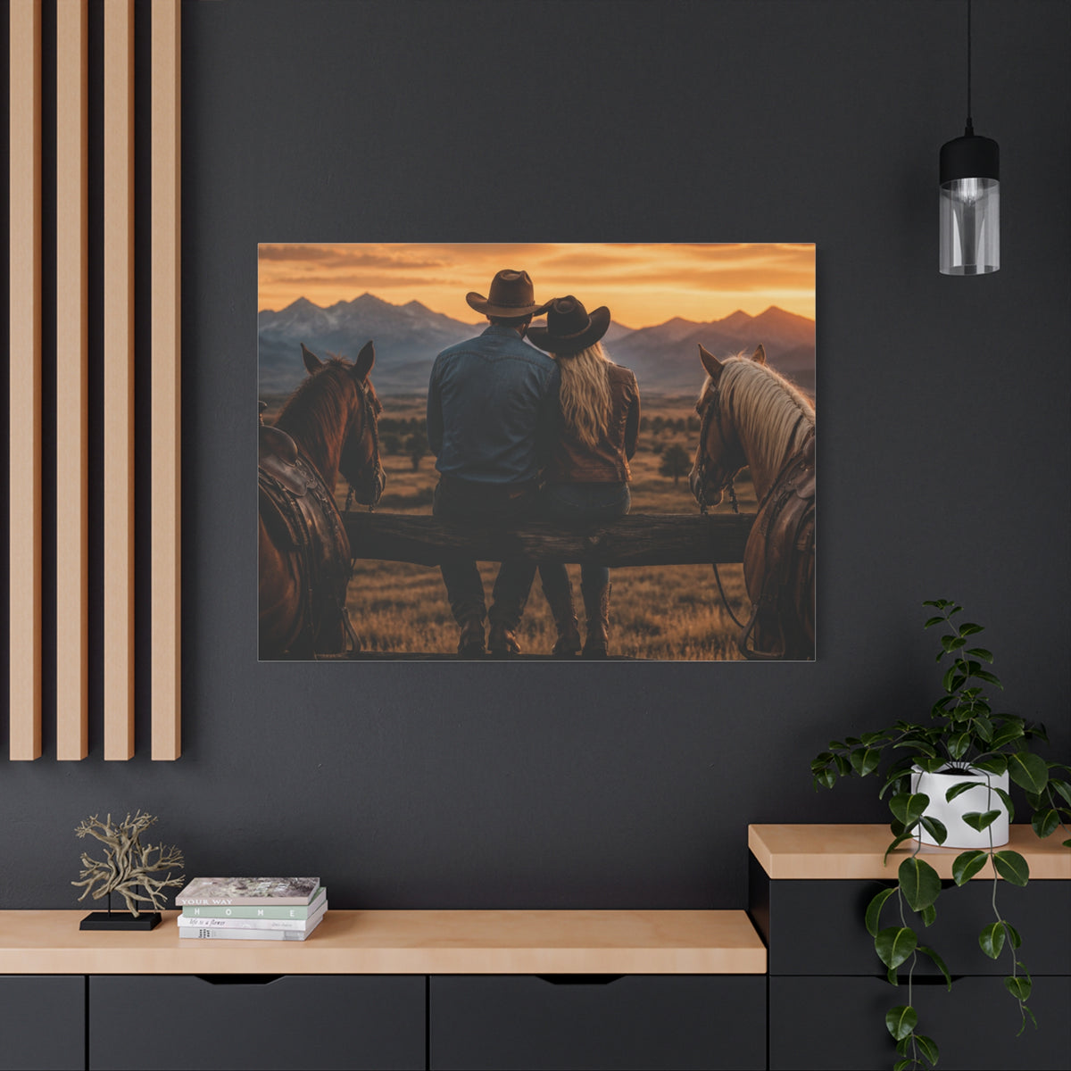 Western Cowboy Couple Sunset Canvas