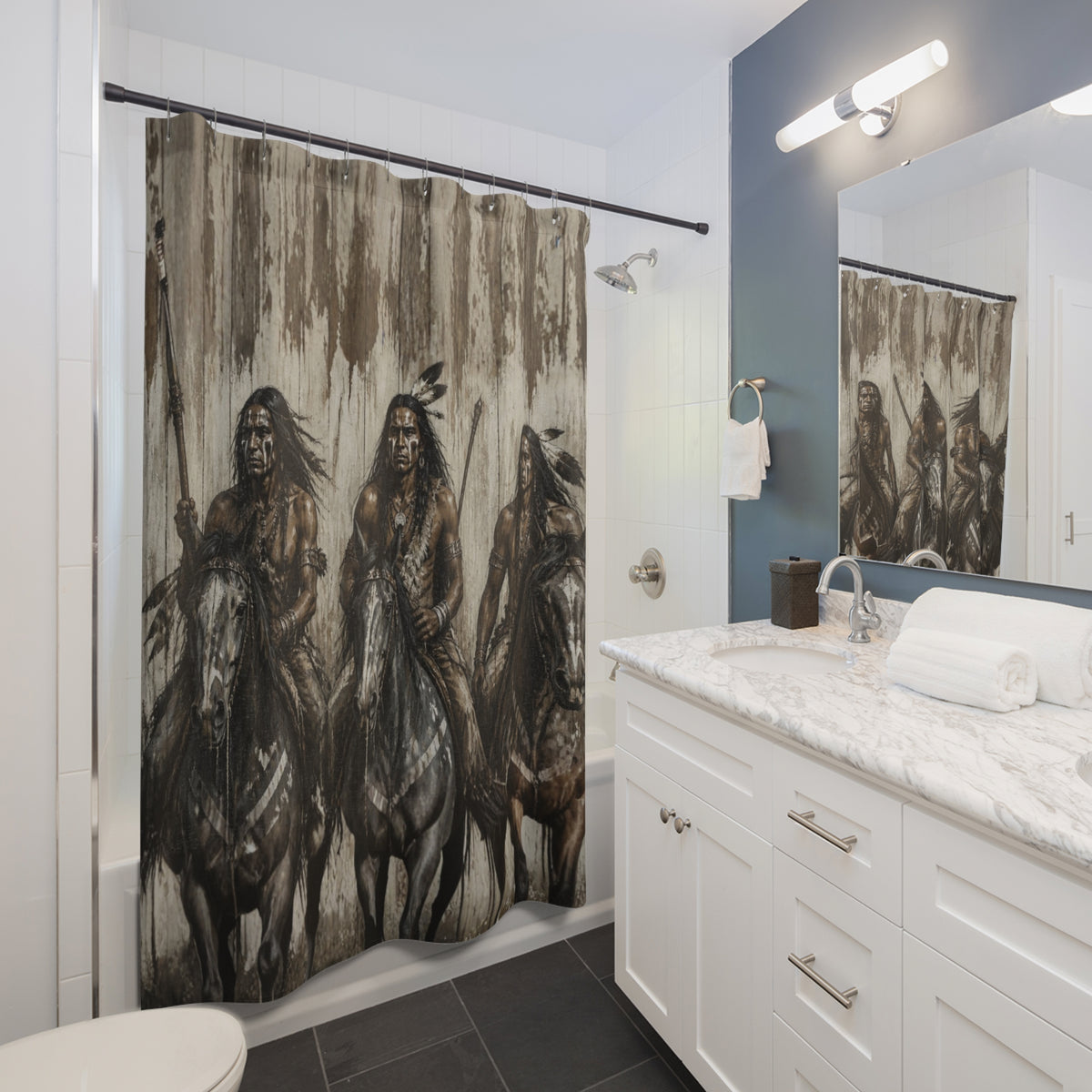Native Warrior Shower Curtain – Rustic Tribal Horsemen Bathroom Decor