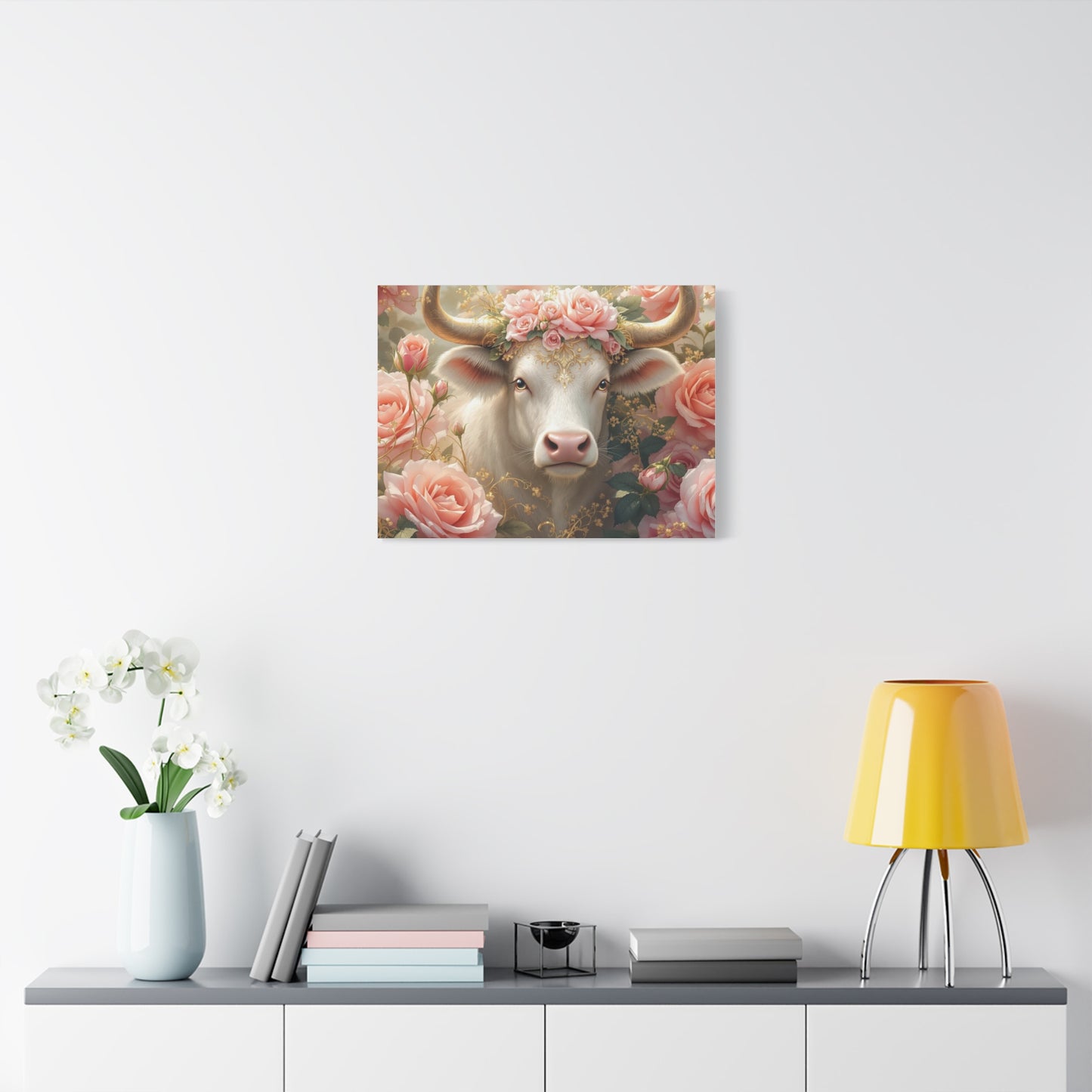 Canvas Print - Pink Rose Cow Picture
