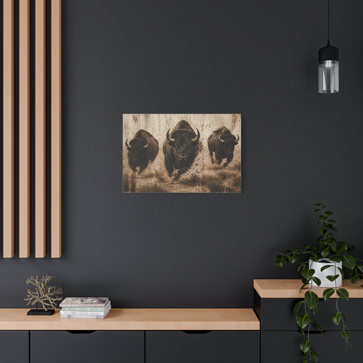Running Bison Canvas Wall Art – Rustic Sepia Buffalo Trio Stretched Matte