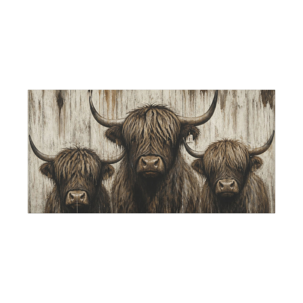 Highland Cow Trio Matte Stretched Canvas Wall Art — Rustic Farmhouse Animal Print