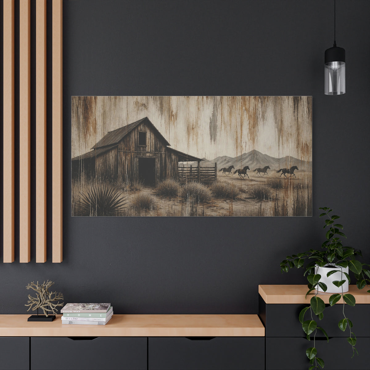 Rustic Western Barn Canvas Wall Art — Vintage Desert Horses Matte Stretched Canvas