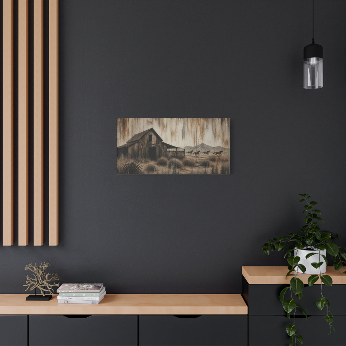 Rustic Western Barn Canvas Wall Art — Vintage Desert Horses Matte Stretched Canvas