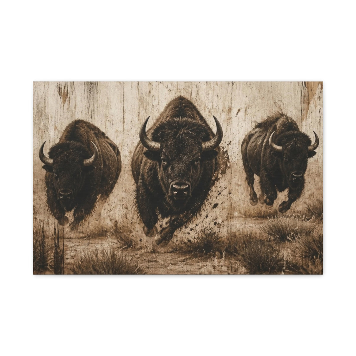 Running Bison Canvas Wall Art – Rustic Sepia Buffalo Trio Stretched Matte