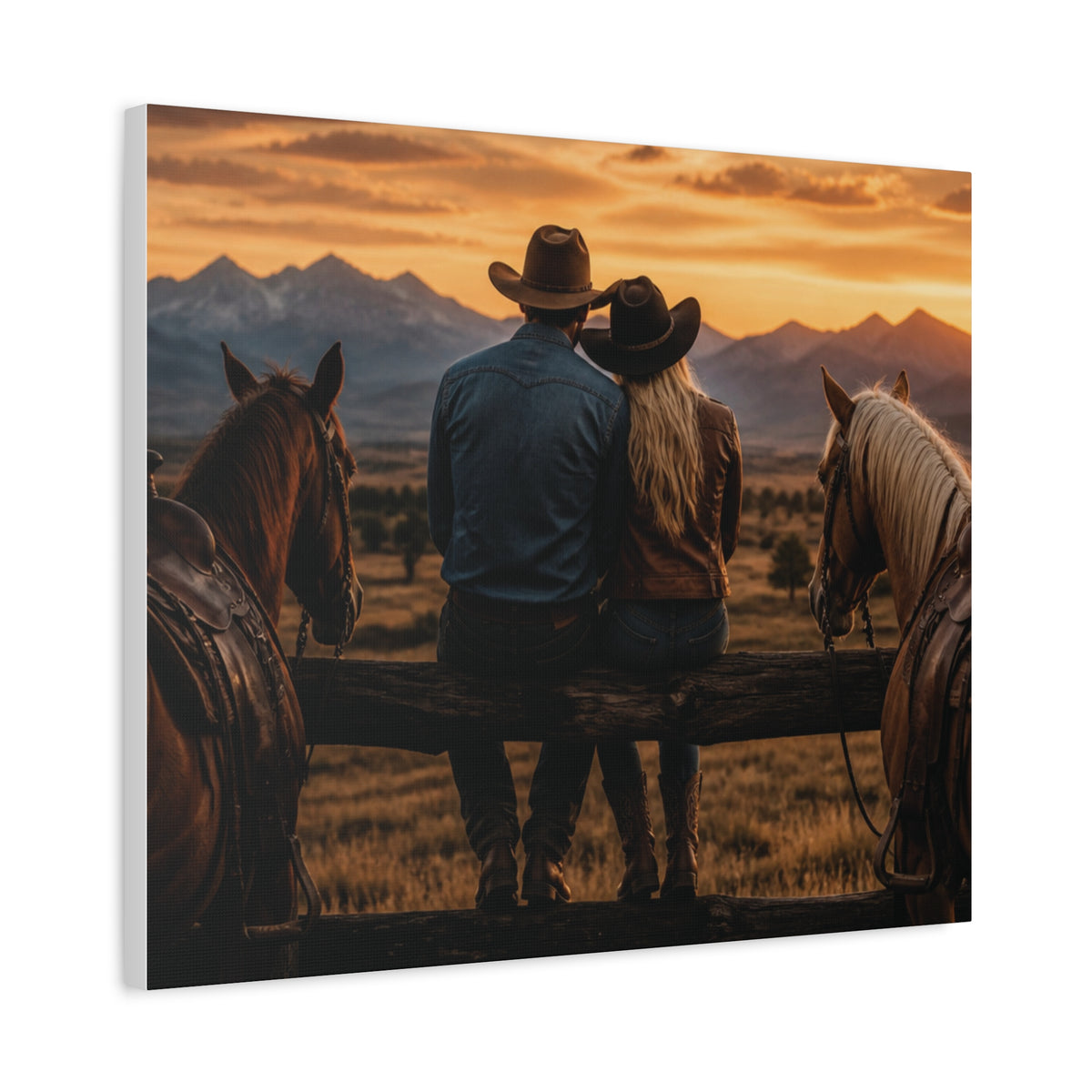 Western Cowboy Couple Sunset Canvas