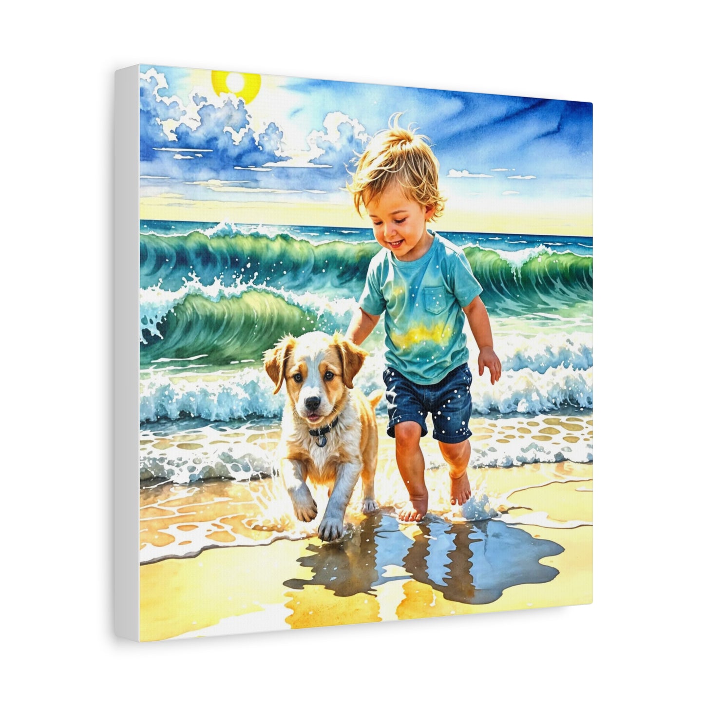 Little Boy at the Beach w his Dog Canvas Art - Children's Room Art