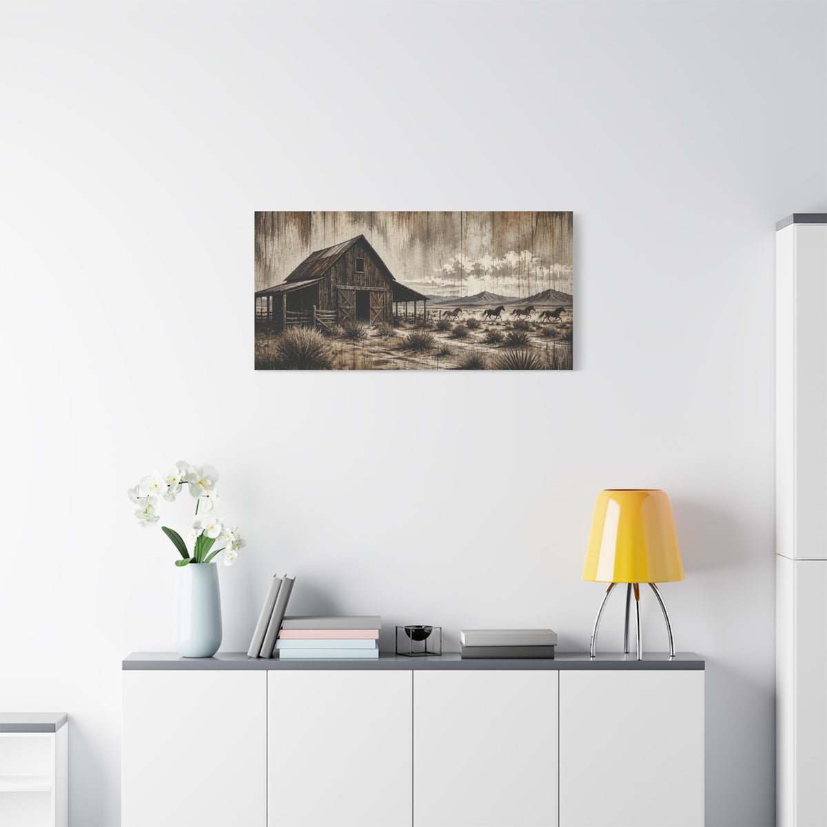 Rustic Western Barn Canvas Wall Art — Vintage Desert Horses Matte Stretched Canvas