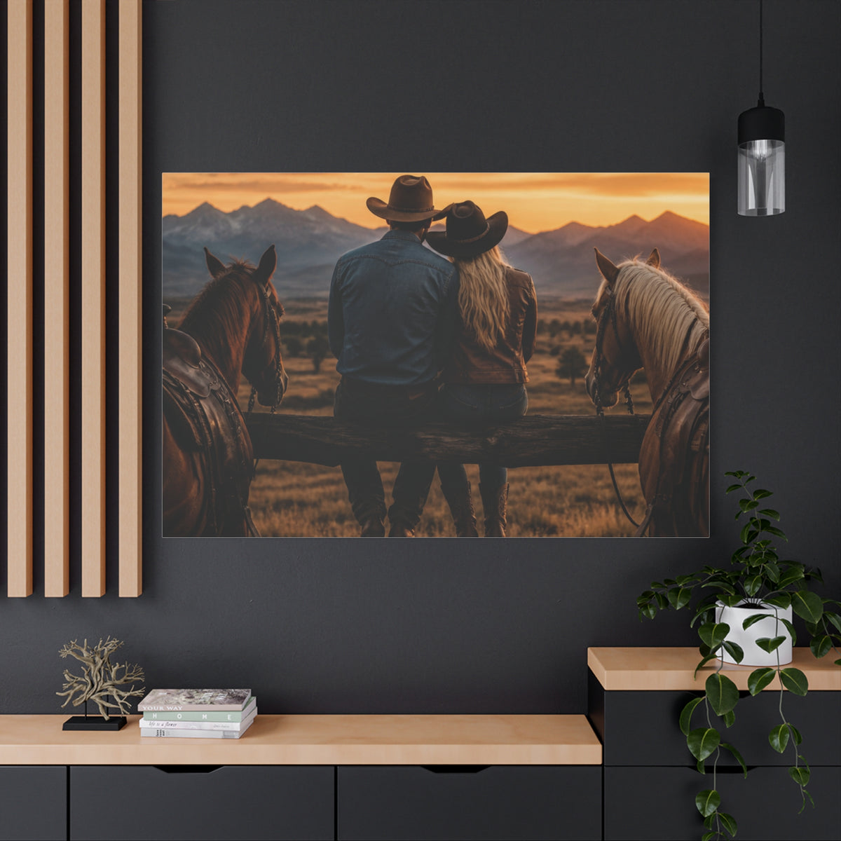 Western Cowboy Couple Sunset Canvas