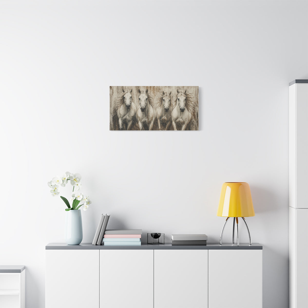 White Running  Horses Matte Canvas Wall Art — Stretched 1.25"