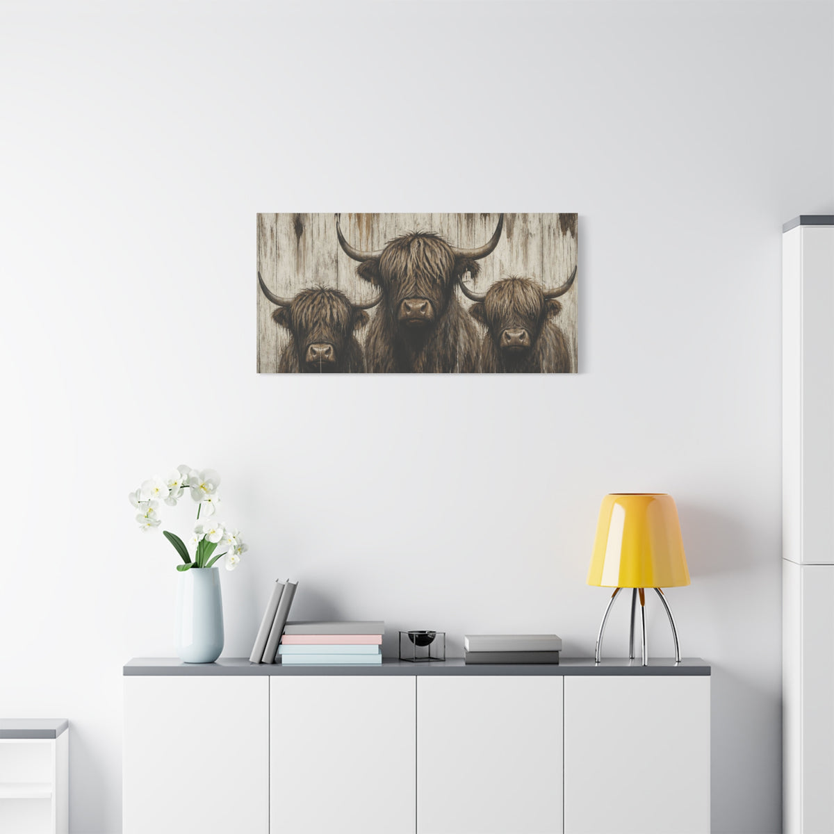 Highland Cow Trio Matte Stretched Canvas Wall Art — Rustic Farmhouse Animal Print