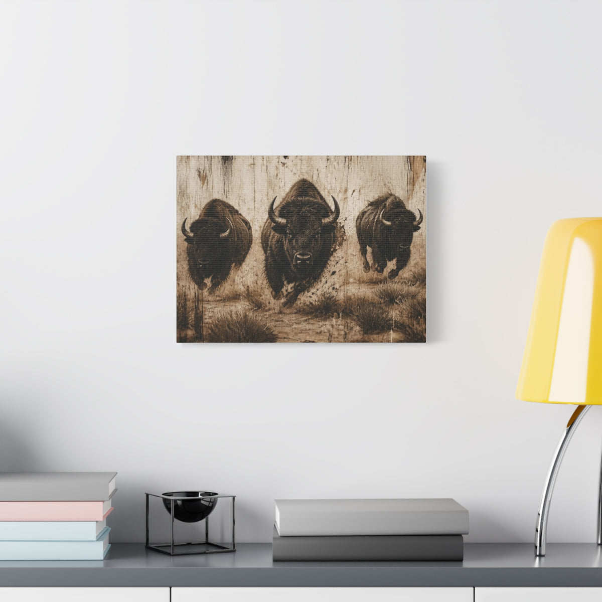 Running Bison Canvas Wall Art – Rustic Sepia Buffalo Trio Stretched Matte