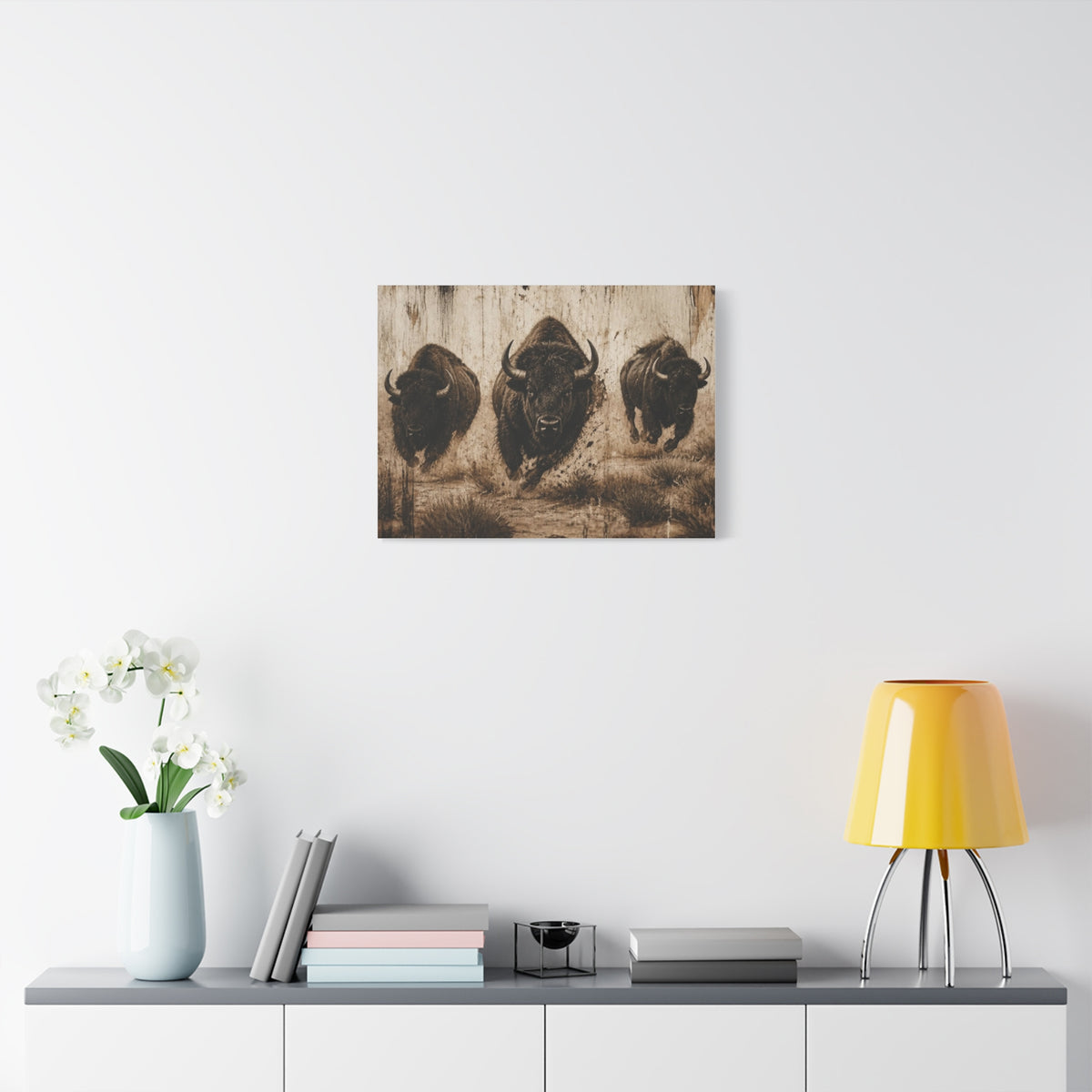 Running Bison Canvas Wall Art – Rustic Sepia Buffalo Trio Stretched Matte