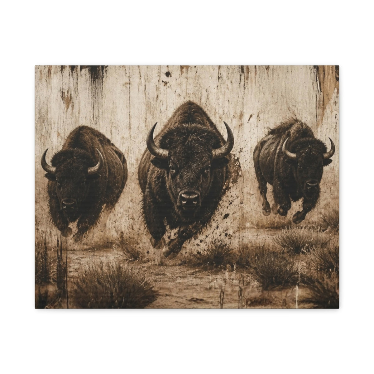 Running Bison Canvas Wall Art – Rustic Sepia Buffalo Trio Stretched Matte