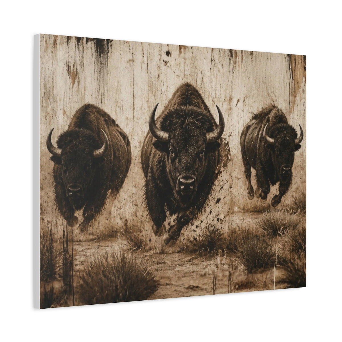 Running Bison Canvas Wall Art – Rustic Sepia Buffalo Trio Stretched Matte