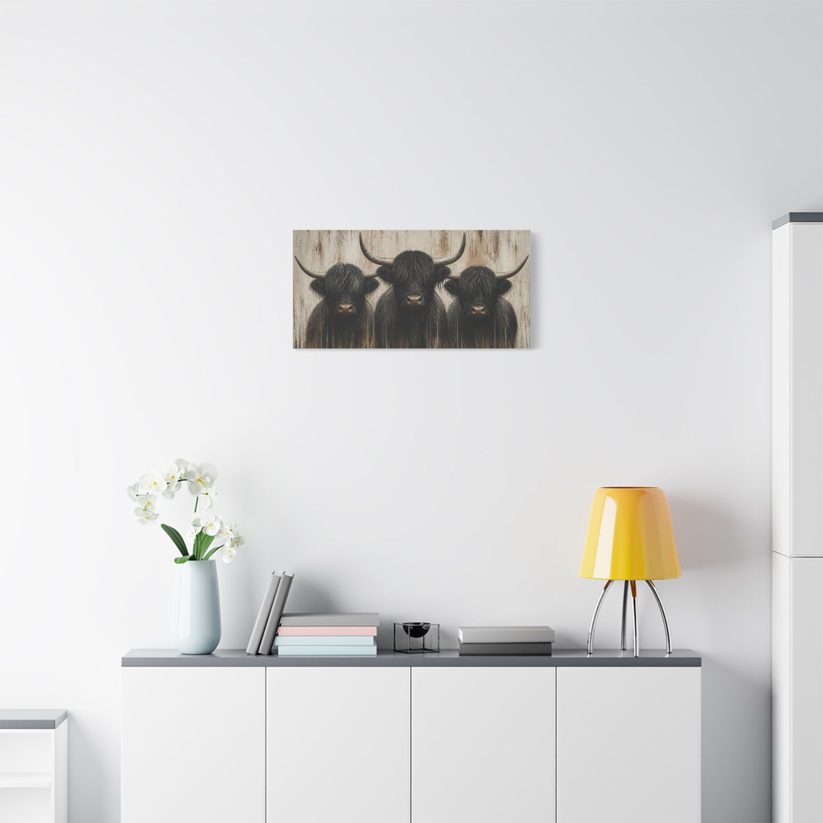 Highland Cow Trio Matte Stretched Canvas Wall Art — Rustic Farmhouse Animal Print