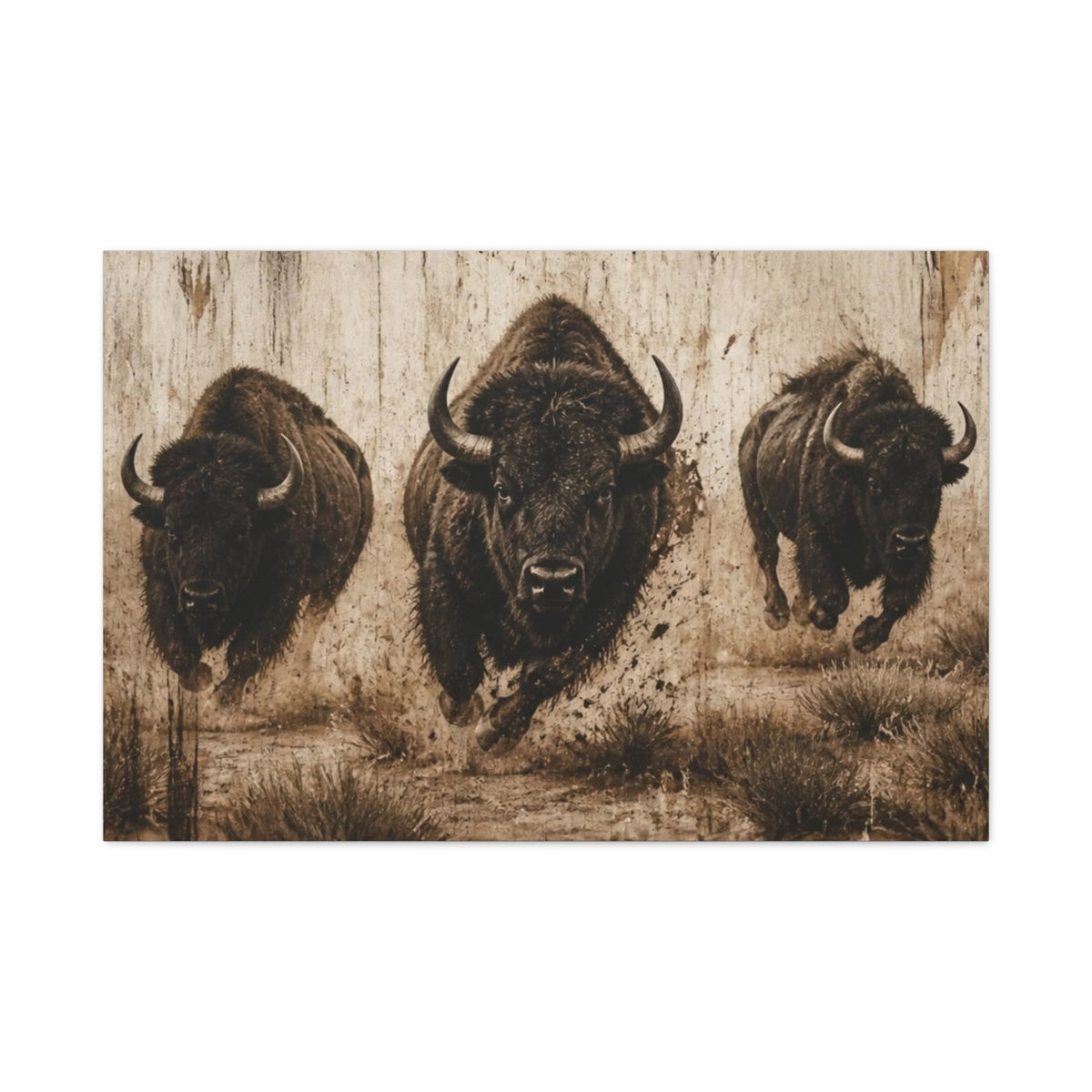 Running Bison Canvas Wall Art – Rustic Sepia Buffalo Trio Stretched Matte