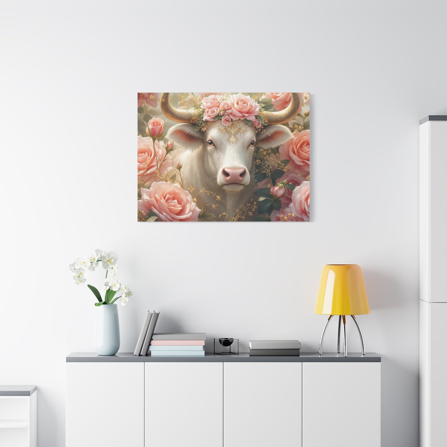 Canvas Print - Pink Rose Cow Picture