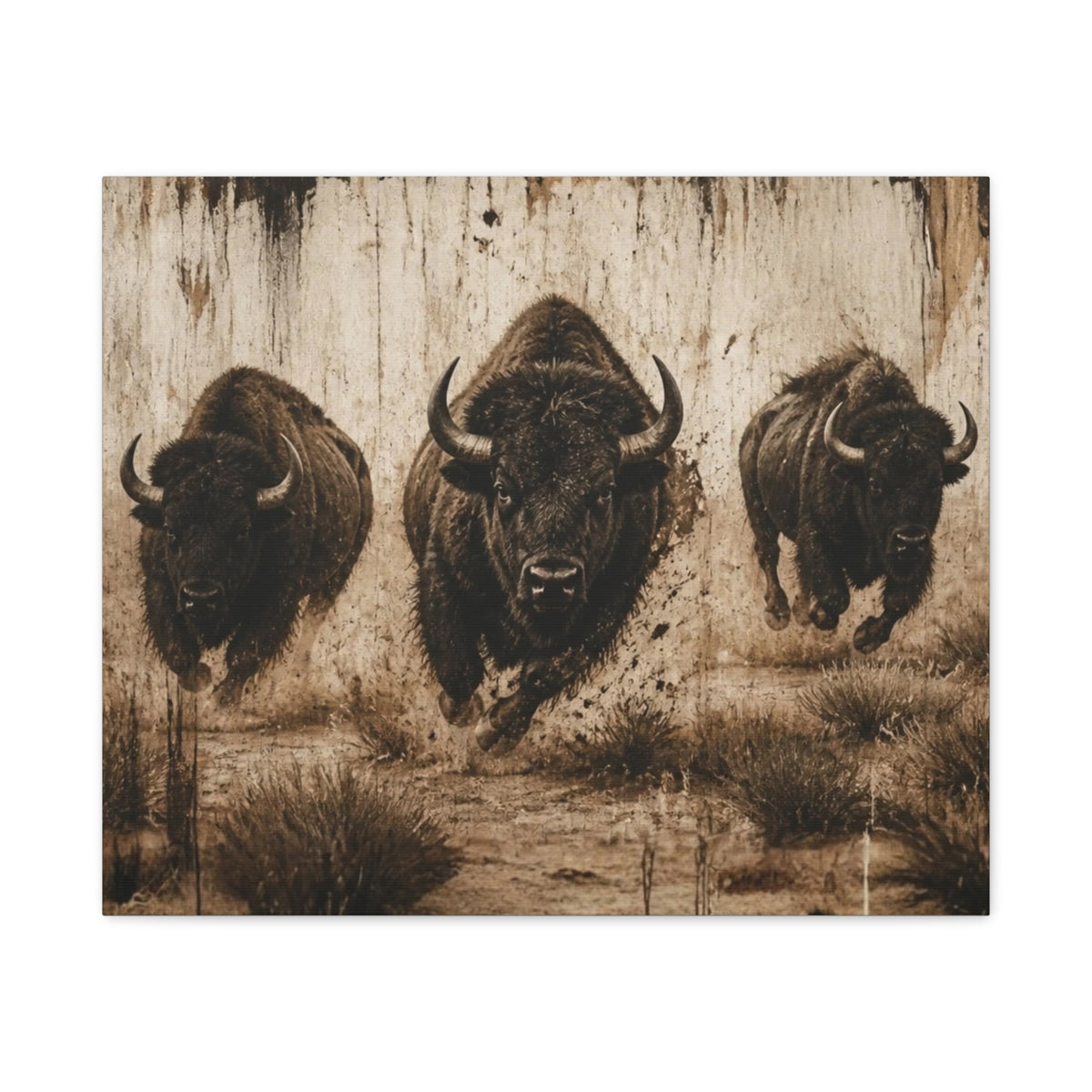 Running Bison Canvas Wall Art – Rustic Sepia Buffalo Trio Stretched Matte