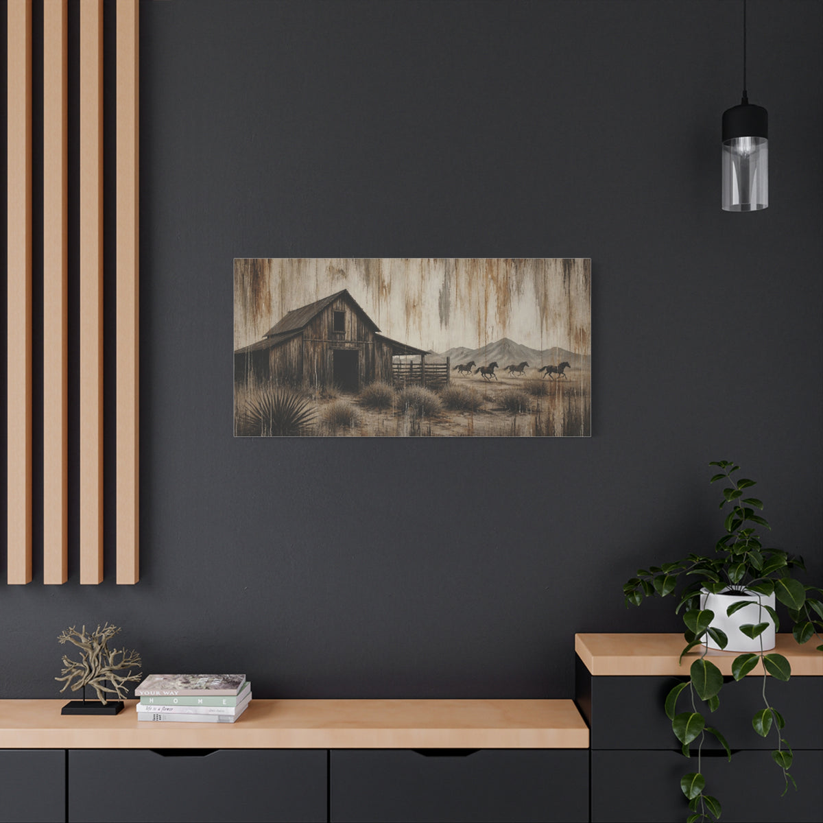 Rustic Western Barn Canvas Wall Art — Vintage Desert Horses Matte Stretched Canvas