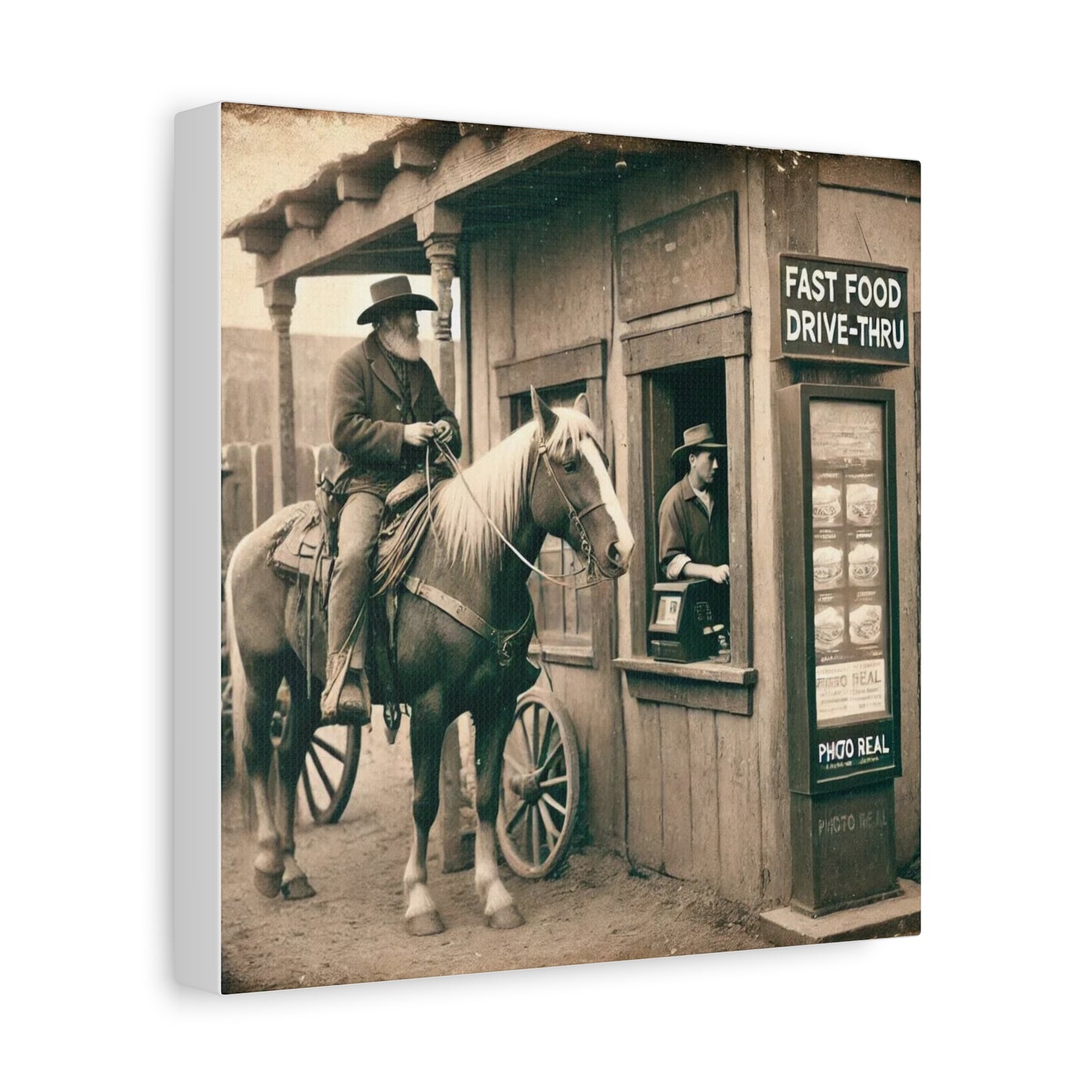 Old West Cowboy in Fast Food Drive Through Antique Art