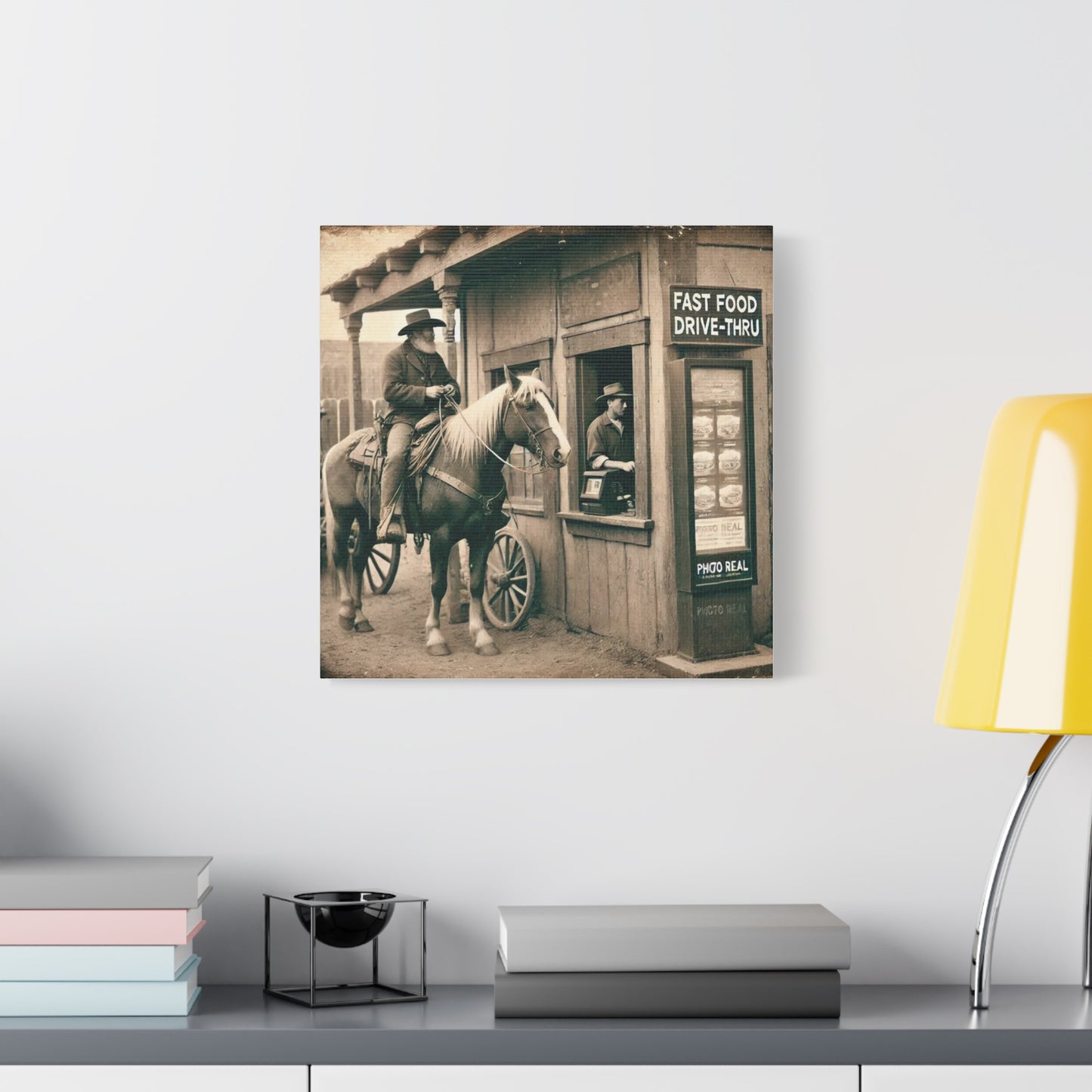 Old West Cowboy in Fast Food Drive Through Antique Art