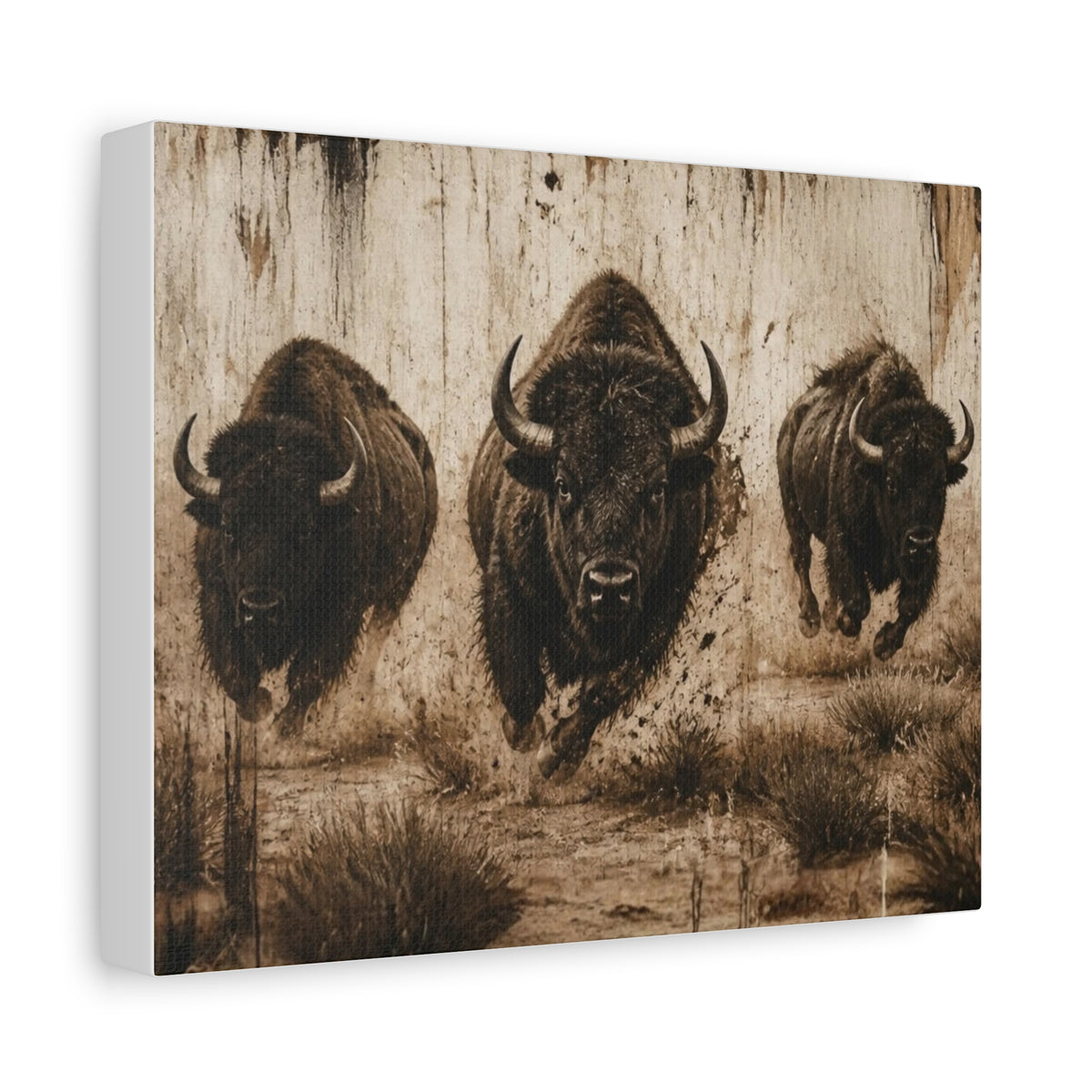 Running Bison Canvas Wall Art – Rustic Sepia Buffalo Trio Stretched Matte