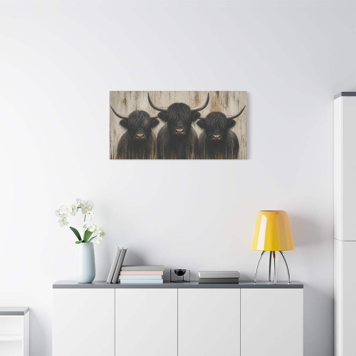 Highland Cow Trio Matte Stretched Canvas Wall Art — Rustic Farmhouse Animal Print