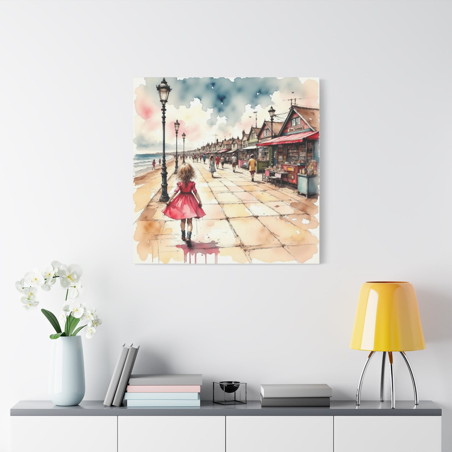 Girl in a Pink Dress Beach Front View Abstract Art