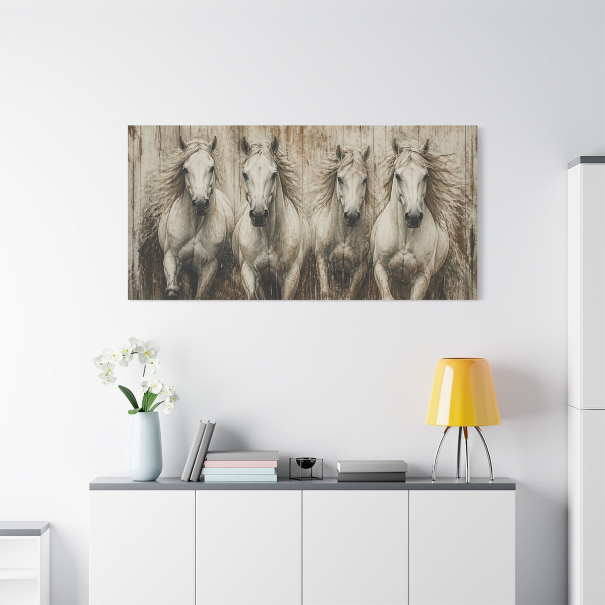 White Running  Horses Matte Canvas Wall Art — Stretched 1.25"