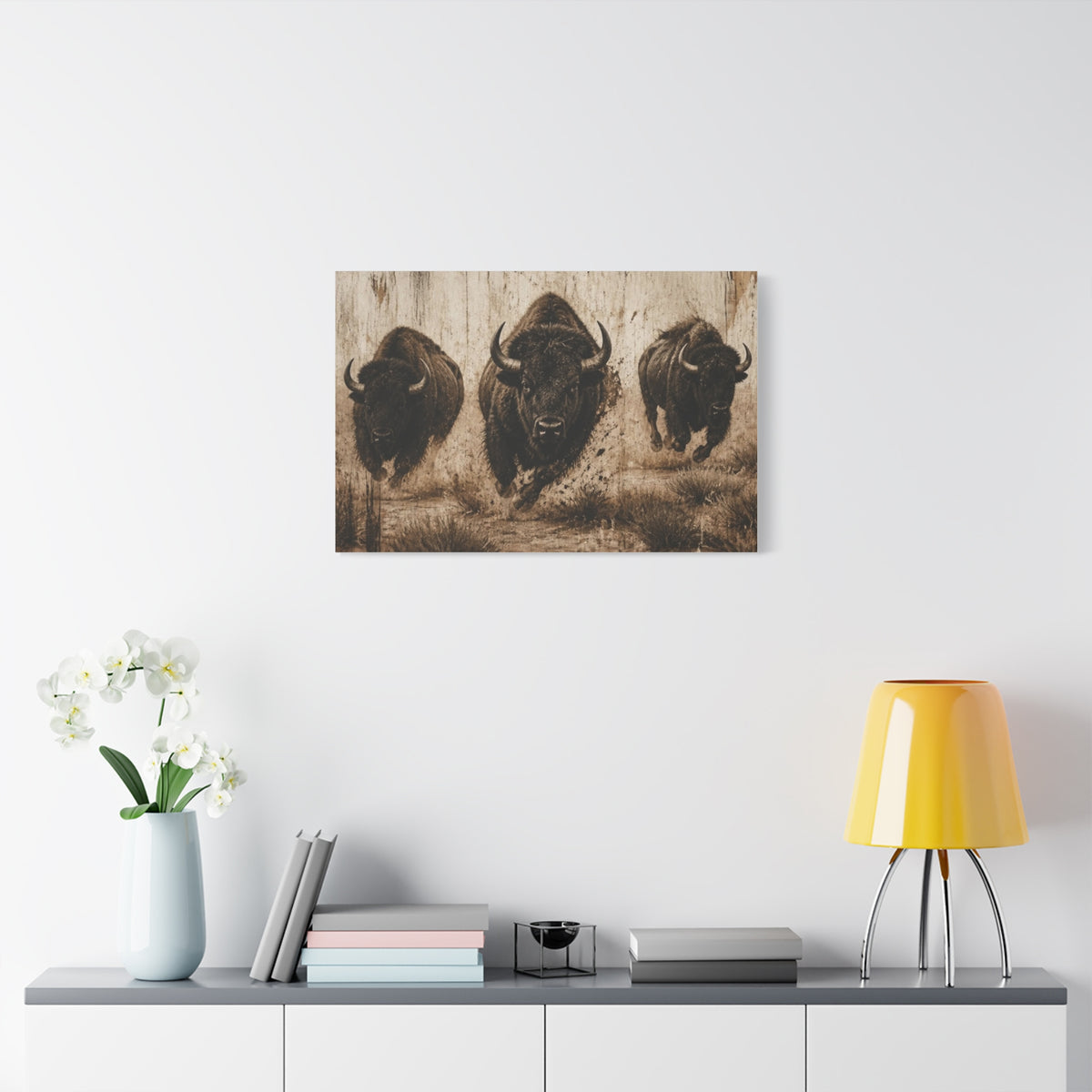 Running Bison Canvas Wall Art – Rustic Sepia Buffalo Trio Stretched Matte