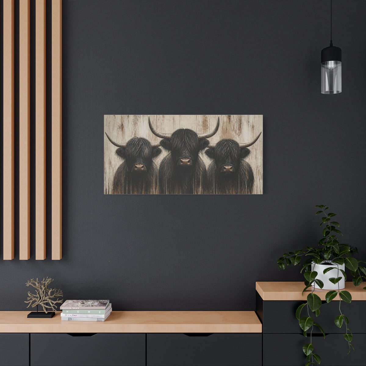 Highland Cow Trio Matte Stretched Canvas Wall Art — Rustic Farmhouse Animal Print