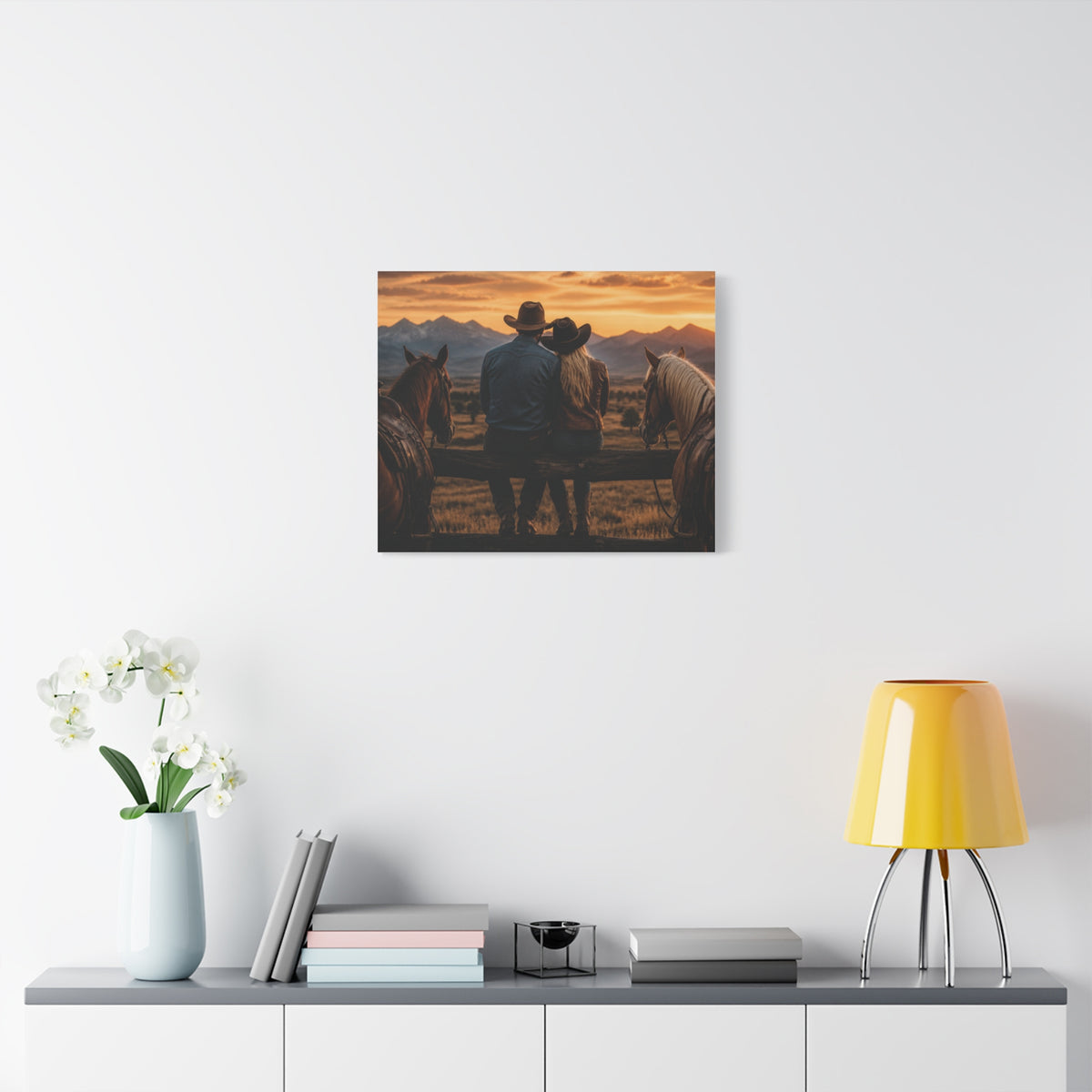 Western Cowboy Couple Sunset Canvas