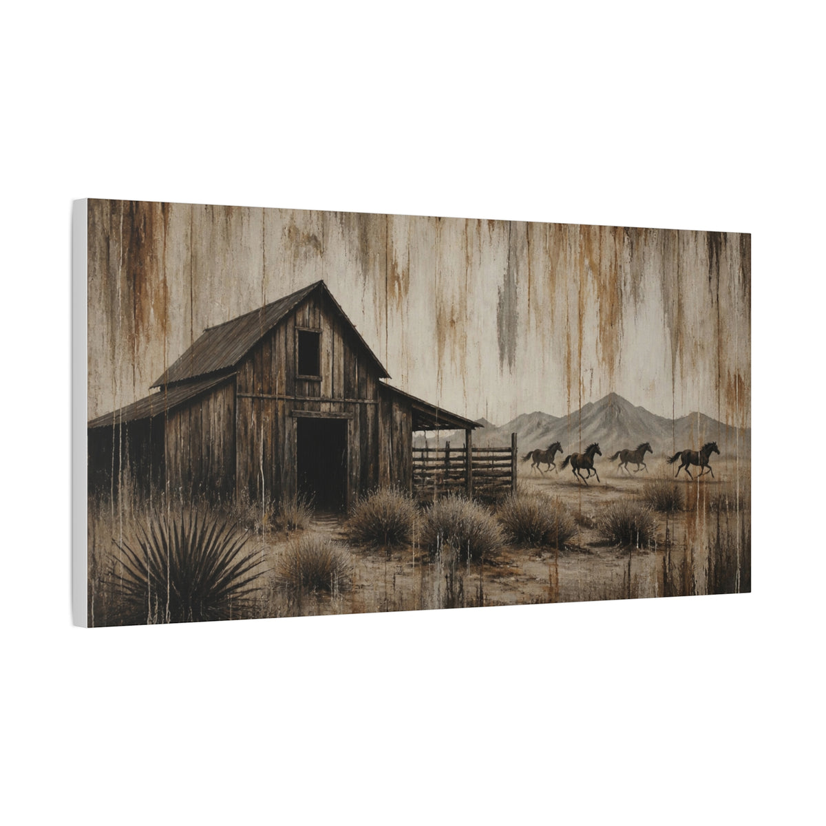 Rustic Western Barn Canvas Wall Art — Vintage Desert Horses Matte Stretched Canvas