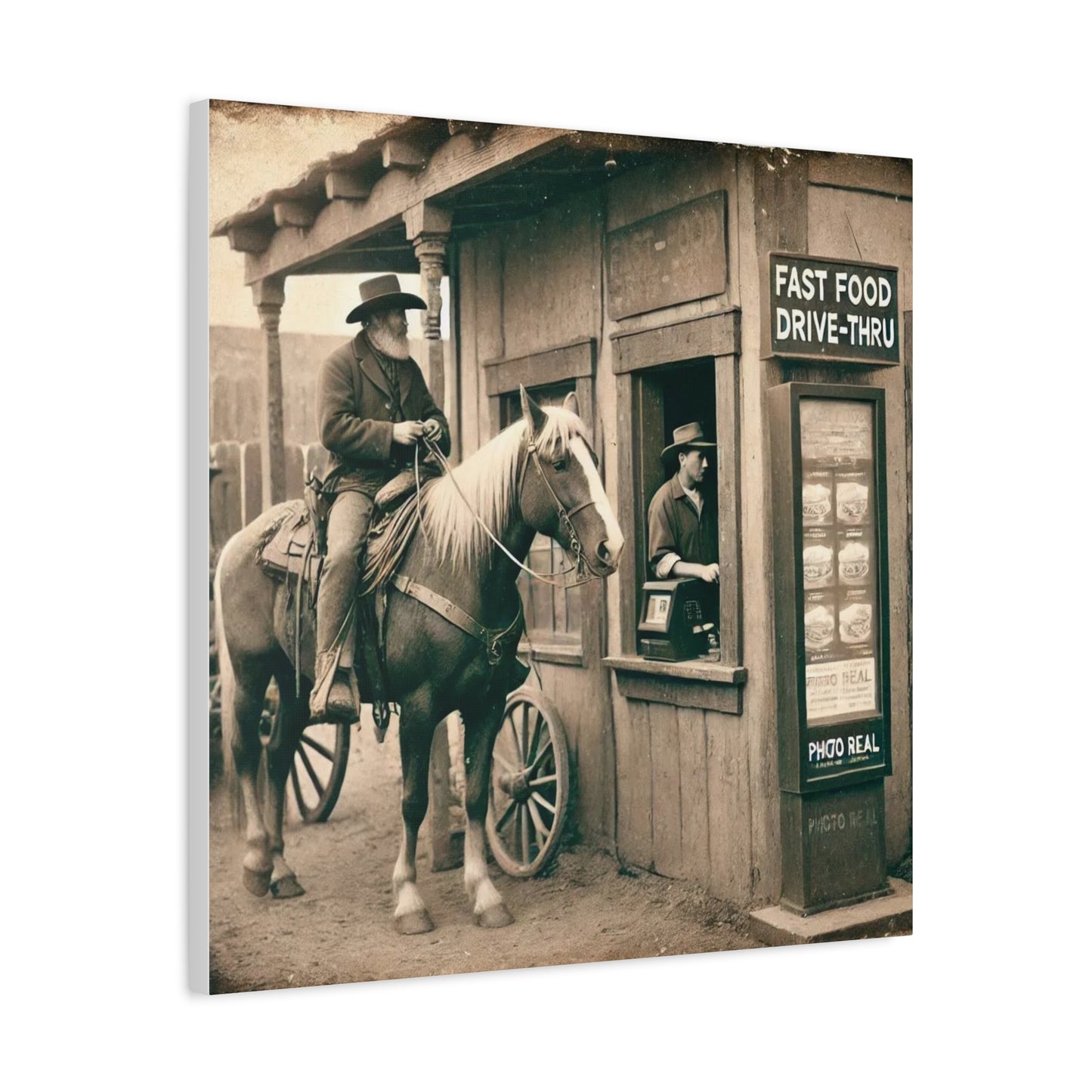 Old West Cowboy in Fast Food Drive Through Antique Art