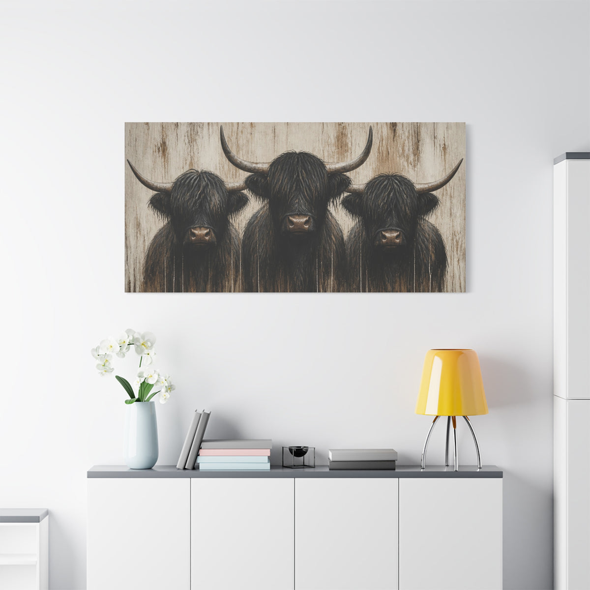 Highland Cow Trio Matte Stretched Canvas Wall Art — Rustic Farmhouse Animal Print