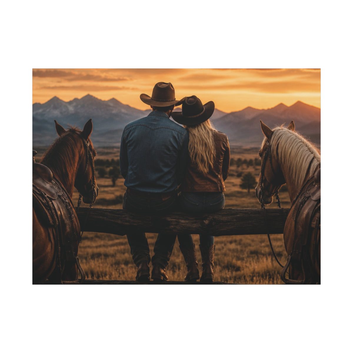 Western Cowboy Couple Sunset Canvas