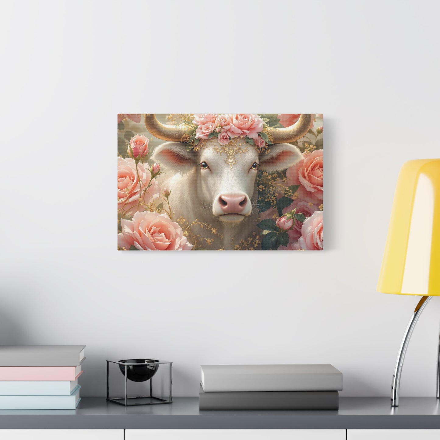 Canvas Print - Pink Rose Cow Picture