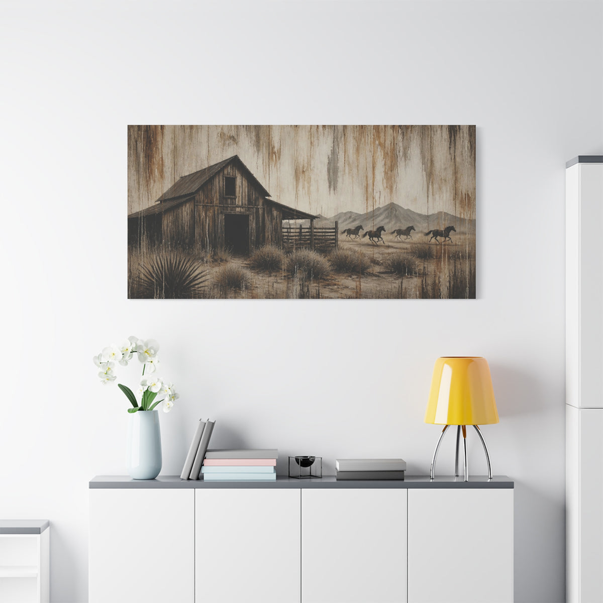 Rustic Western Barn Canvas Wall Art — Vintage Desert Horses Matte Stretched Canvas