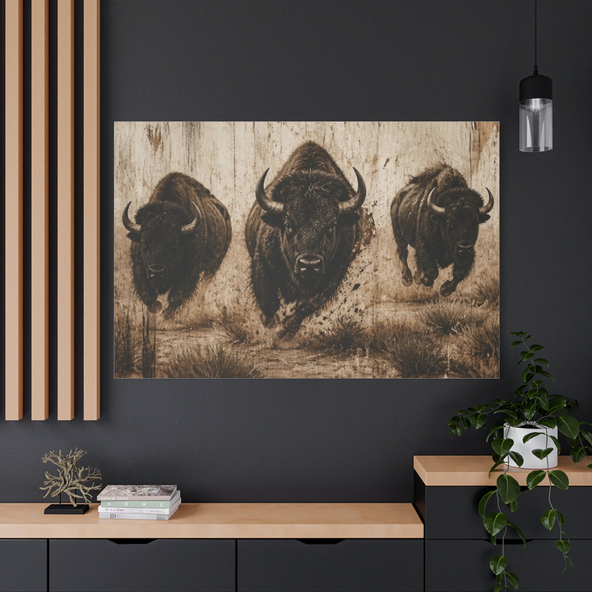 Running Bison Canvas Wall Art – Rustic Sepia Buffalo Trio Stretched Matte