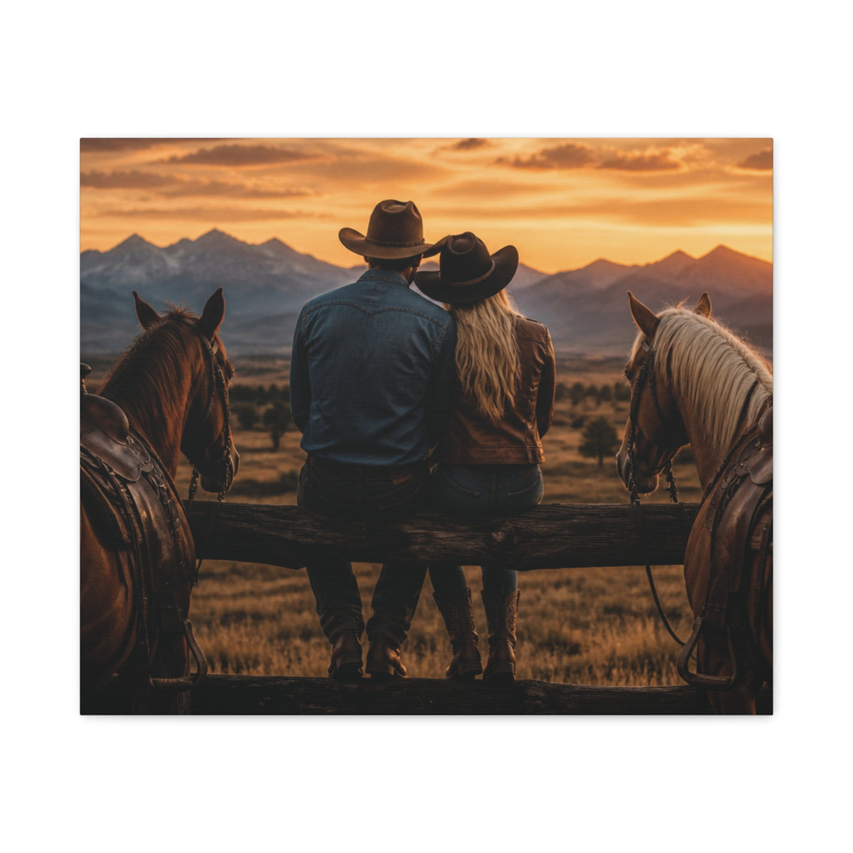 Western Cowboy Couple Sunset Canvas
