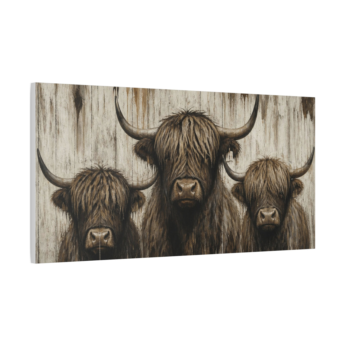 Highland Cow Trio Matte Stretched Canvas Wall Art — Rustic Farmhouse Animal Print