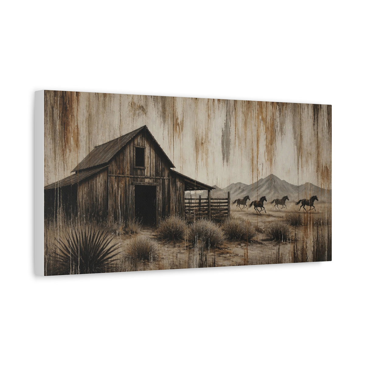 Rustic Western Barn Canvas Wall Art — Vintage Desert Horses Matte Stretched Canvas